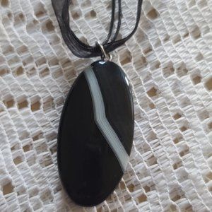 Natural Striped Black Agate Pendant & Necklace